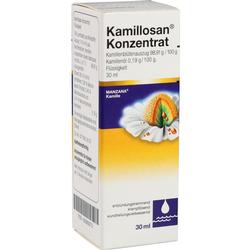 Eine Verpackung von Kamillosan Konzentrat mit Kamillenblüten und Regenbogen.