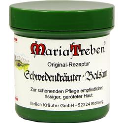 Grünes Tiegel mit der Aufschrift "Schwedenkräuter-Balsam" von Maria Treben.