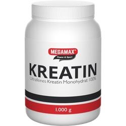 Weiße Dose mit rotem Logo und der Aufschrift "Kreatin, 1000 g".