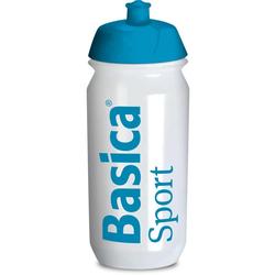 Weiße Trinkflasche mit blauem Deckel und der Aufschrift "Basica Sport".