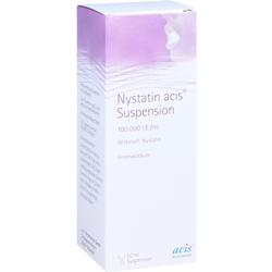 Weiße Arzneimittelverpackung mit lila Akzenten für Nystatin-Suspension.