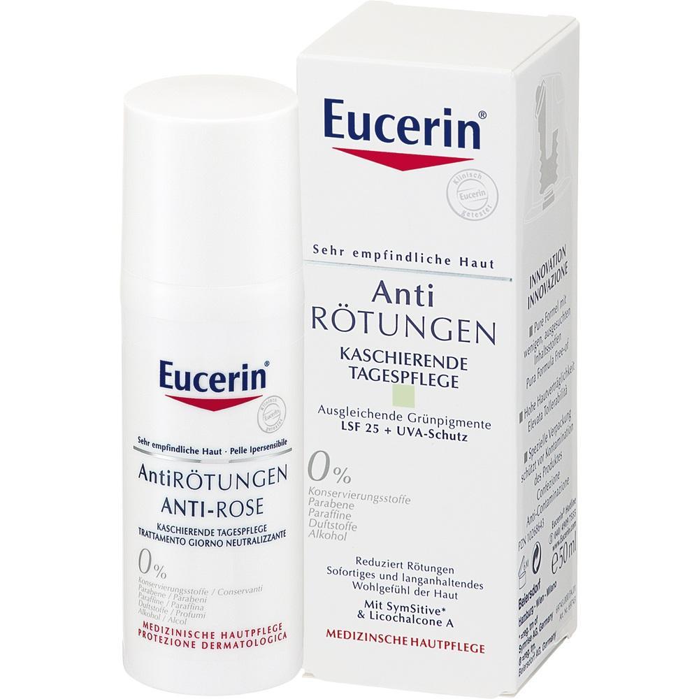 Eine weiße Cremeflasche und eine Verpackung von Eucerin Anti-Rötungen Tagespflege.