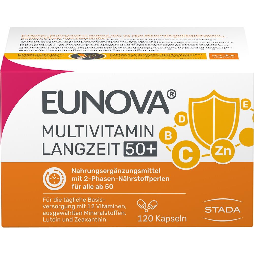 Verpackung von Eunova Multivitamin Langzeit 50+ mit 120 Kapseln für Menschen ab 50 Jahren.