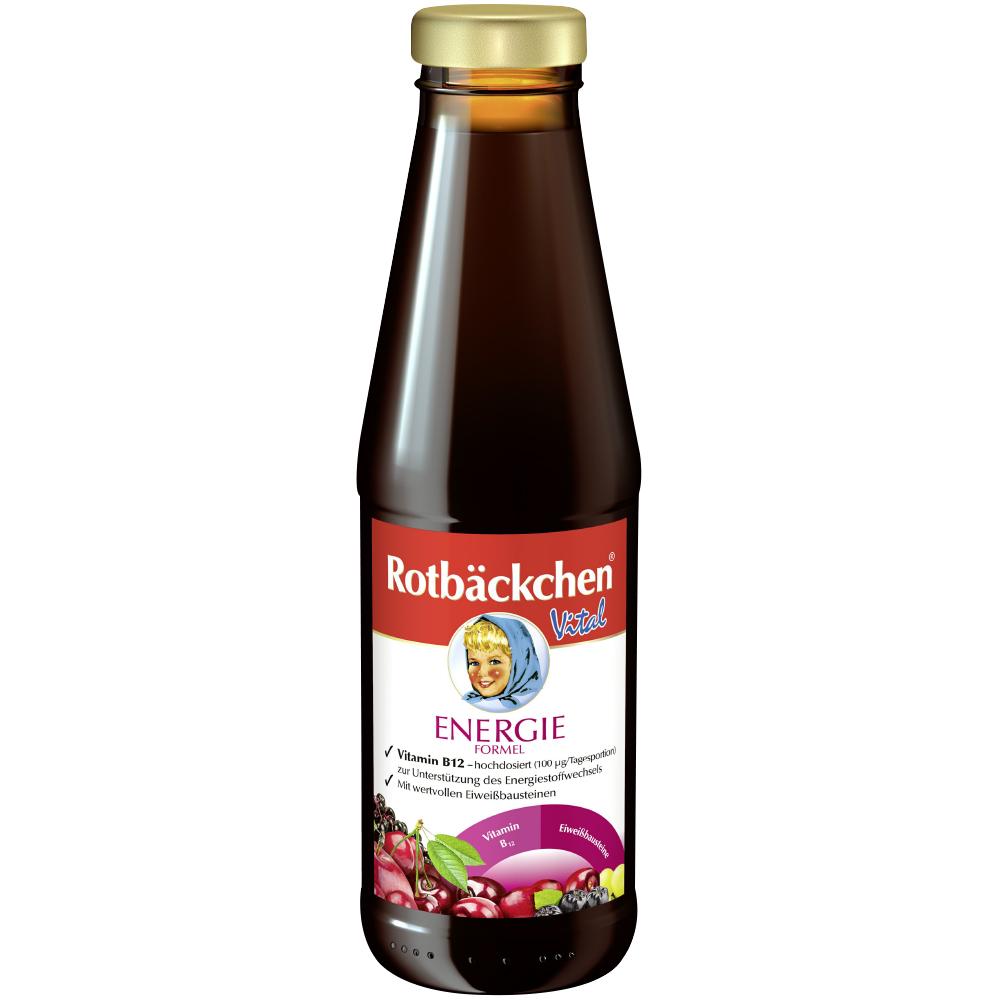 Braune Flasche mit rotem Etikett zeigt Fruchtsaft der Marke Rotbäckchen.