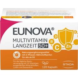 Verpackung von Eunova Multivitamin Langzeit 50+ mit 120 Kapseln für Menschen ab 50 Jahren.