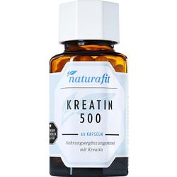 Eine braune Flasche mit einem weißen Etikett für Kreatin 500 Kapseln.